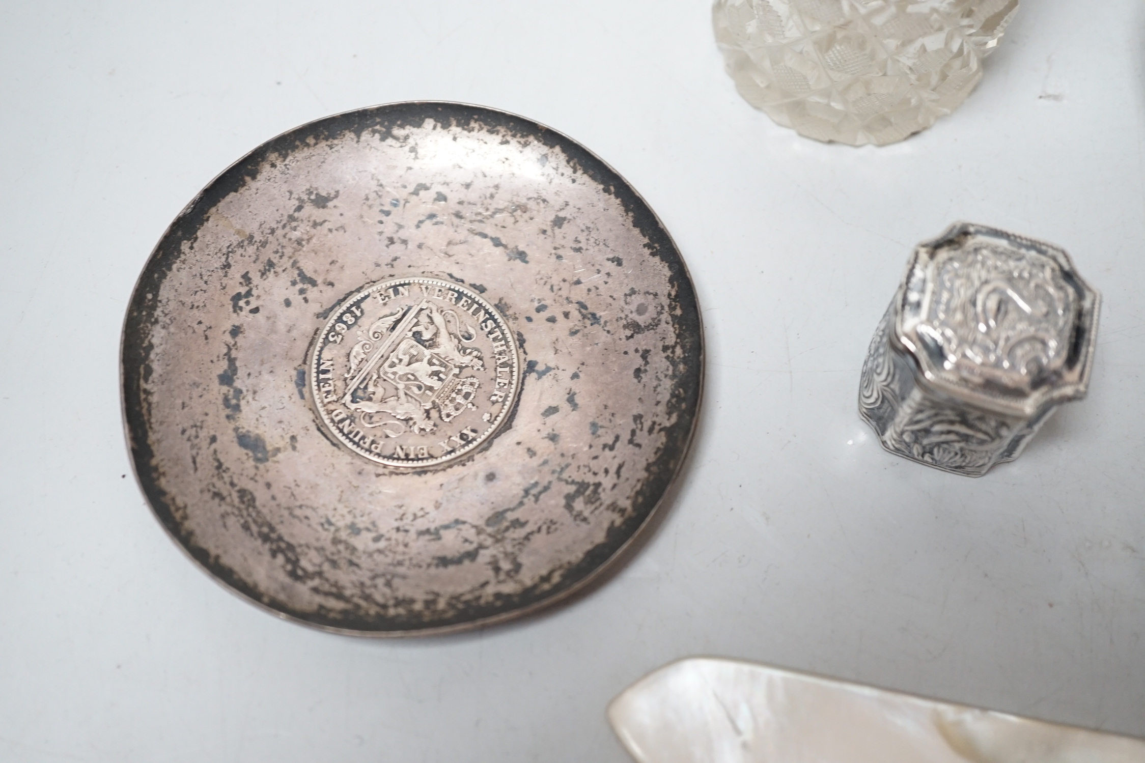 A German white metal jar and cover, dish, mounted jar, paper knife and two trinket boxes